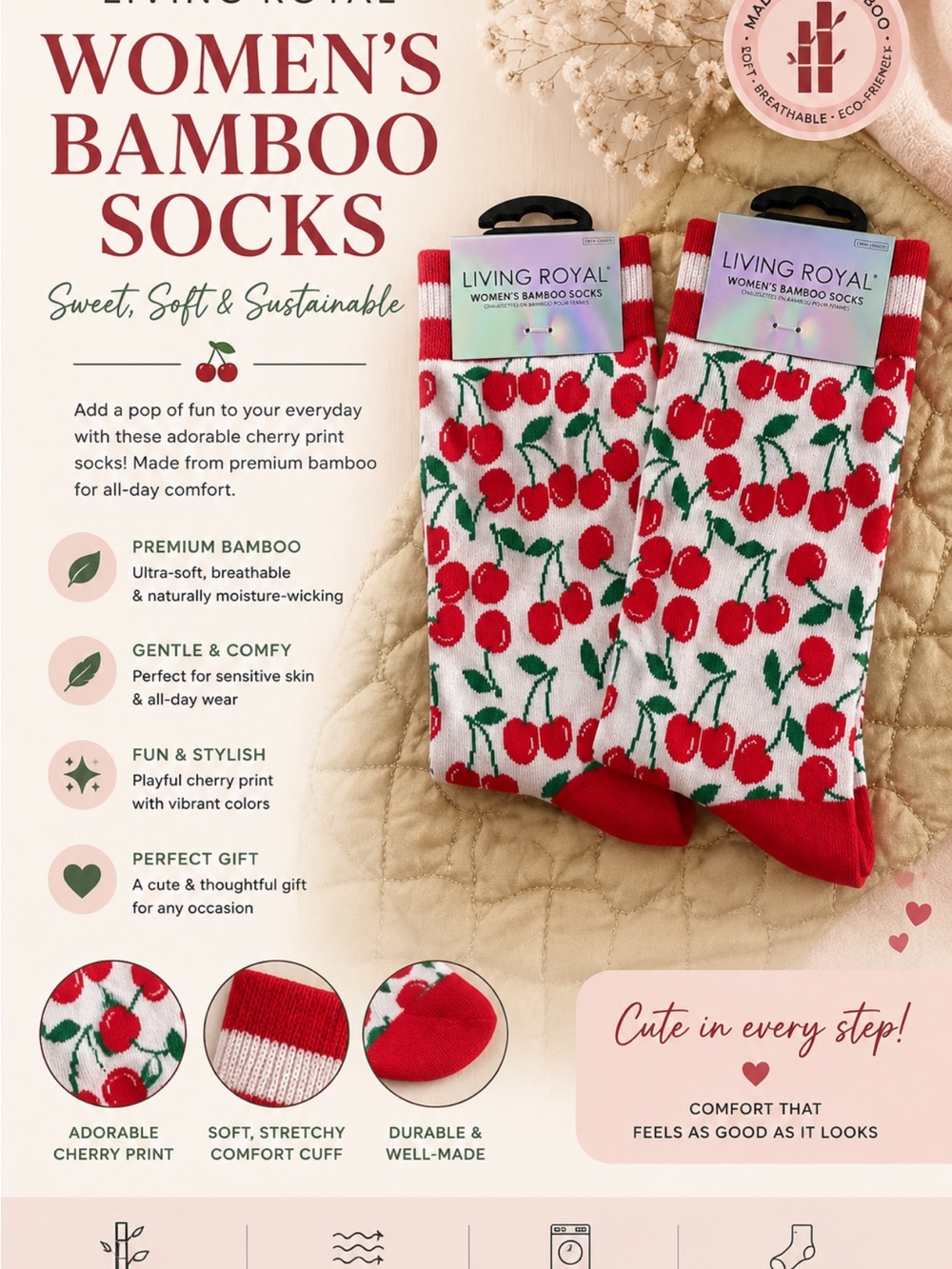 Women's Cherry Print Bamboo Socks - Red & White